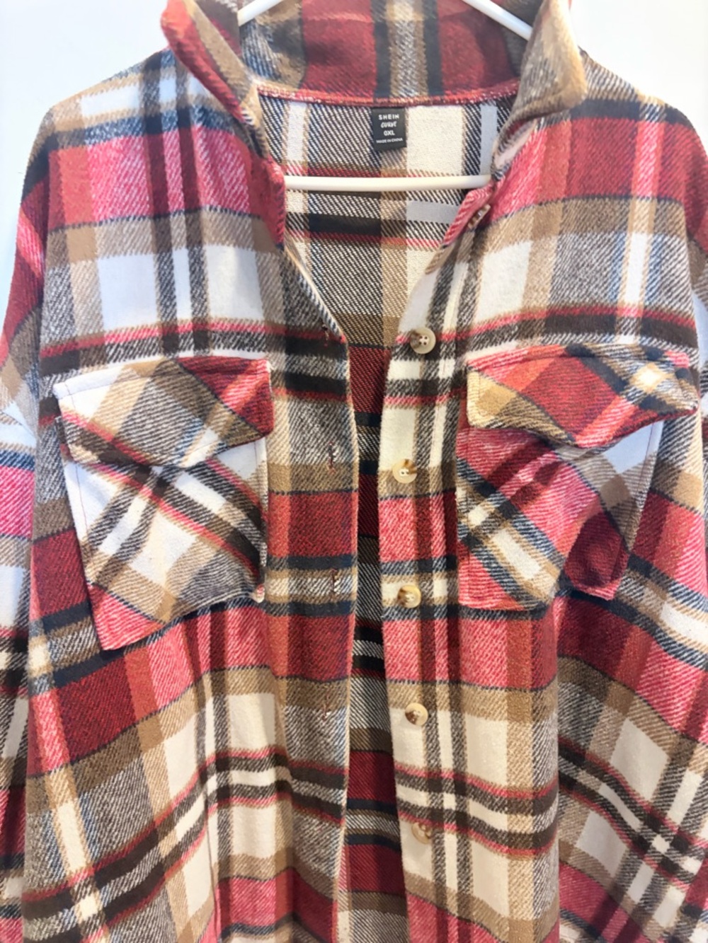 NWOT SHEIN Plaid Shacket in Burgundy, Brown & Cream - Picture 11 of 11